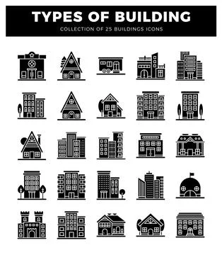 A flat black building icons displayed in a grid on a white background. pres.. Ilustración de archivo