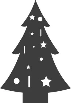Flat black Christmas tree with decorations stars, balloons. Illustrazione stock