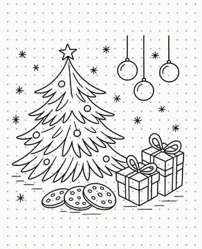 Flat black line vector illustration of Christmas scene with gifts and cookies fo Stock Illustration
