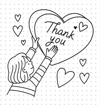 Flat black line vector illustration of woman presenting heart sign for coloring Stock Illustration