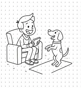 Flat black line vector illustration of boy on chair interacting with dog for col Stock Illustration