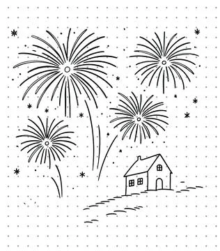 Flat black line vector illustration of fireworks show over house for printable c Stock Illustration