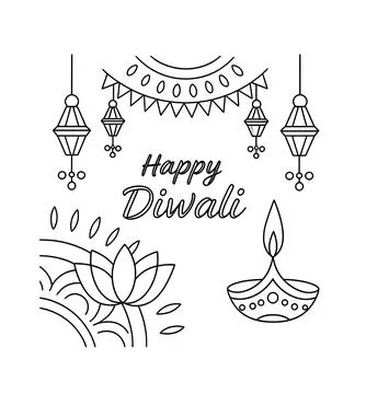 Flat black line vector illustration of Happy Diwali festive banner with lotus fl Stock Illustration