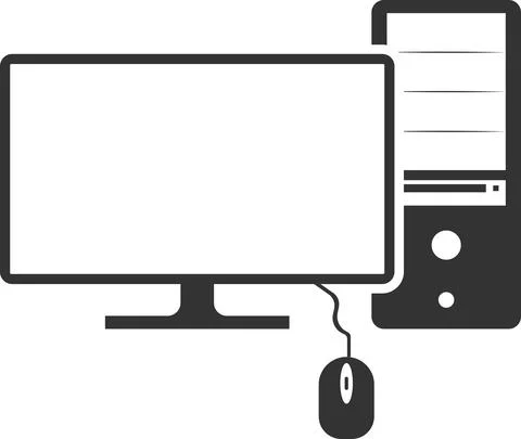 Flat black vector icon of the computer system unit, mouse and monitor. Stock Illustration
