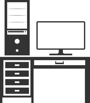 A flat black vector icon of the computer and the system unit on the table. イラスト素材