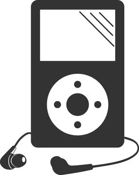 Flat black vector icon of an mp3 player with headphones. Stock Illustration