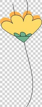 Flat bloom is floating on black stem with yellow petals and green sepals over Stock Illustration