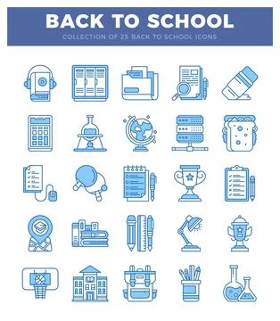 Flat blue and white back to school icons in a grid Ilustración de archivo