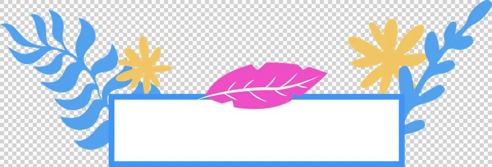 Flat blue-bordered banner is showing pink leaf yellow flowers blue branches on Illustrazione stock