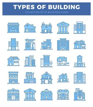 Flat blue building icons collection on white background Ilustración de archivo