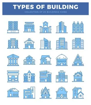 Flat blue building icons displayed on a white background. Ilustración de archivo