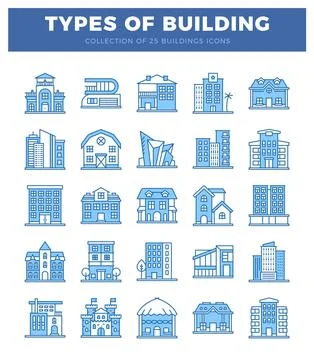 Flat blue building icons on a white background. Ilustración de archivo
