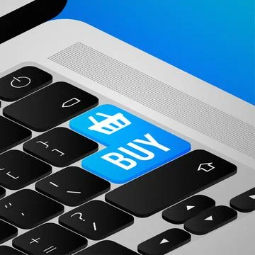 Flat blue buy button on red background. Online shop. 3d icon Stockillustratie