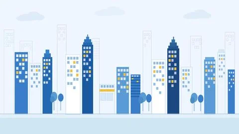 Flat Blue City Illustration Vector Urban Skyline Background Stock Illustration