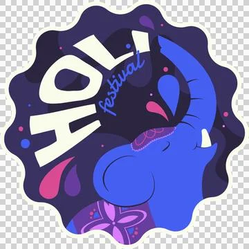 Flat blue elephant head is featuring holi festival text, raised trunk and drops Stock Illustration