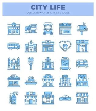 Flat blue icons representing city life services and buildings on a white ba.. Ilustración de archivo
