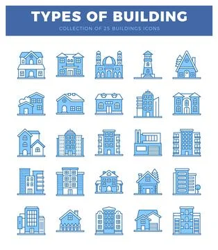 Flat blue line art building icons collection presented in grid layout on wh.. Ilustración de archivo