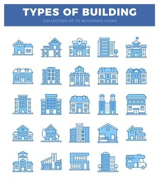 Flat blue line icons of 25 different building types displayed on a white ba.. Ilustración de archivo