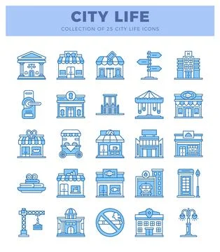 Flat blue line icons representing city life buildings and services in a gri.. Stock Illustration