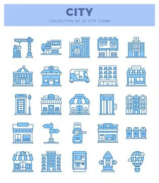 Flat blue line icons representing city elements and urban infrastructure.  .. 库存插图