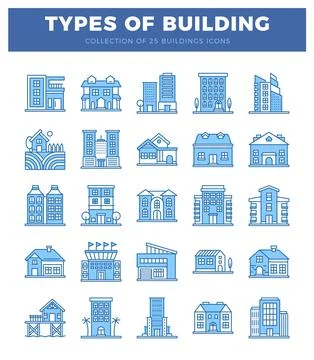 Flat blue line icons of various buildings and architectural styles. buildin.. Ilustración de archivo