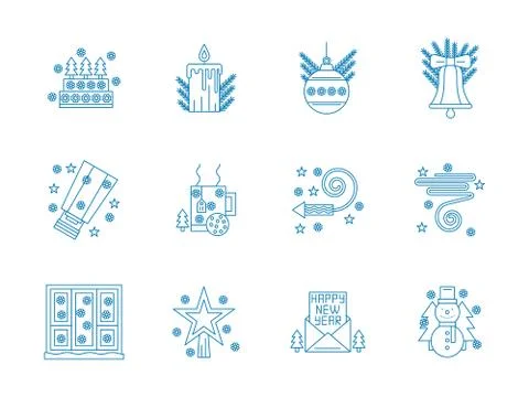 Flat blue line New Year vector icons set Stock Illustration