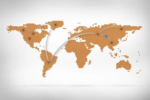 Flat blue plane is flying along arcs linking orange-dot world map nodes on Illustrazione stock