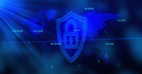 Flat blue shield is hovering over world map, showing padlock icon and waveform Ilustração Stock