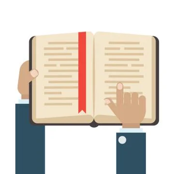 Flat book icon and hands. Library books, open dictionary page and encyclopedi Stock Illustration