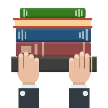 Flat book  stack icon and hands. Library books, open dictionary page and ency Stock Illustration