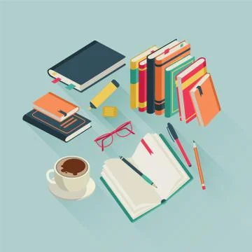 Flat books desktop. Open book reading text magazine study read student school Stock Illustration