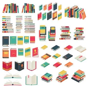Flat books set. Book school library publishing dictionary textbook magazine open Stock Illustration