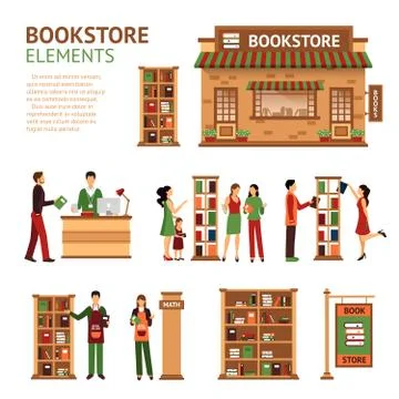 Flat Bookstore Elements Images Set Illustrazione stock