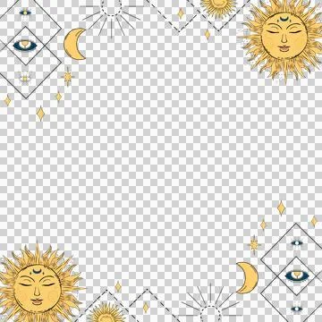 Flat border is featuring golden suns, moons, diamond eyes, stars on clear 스톡 일러스트
