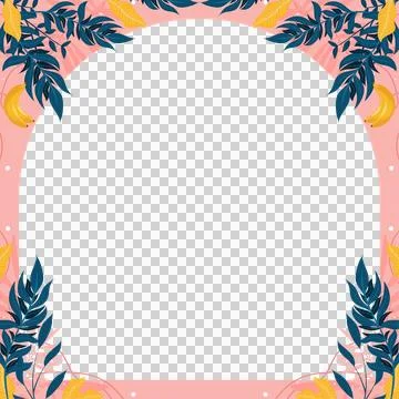 Flat botanical arch frame is showing teal-blue leaves, yellow banana motifs, Stock Illustration