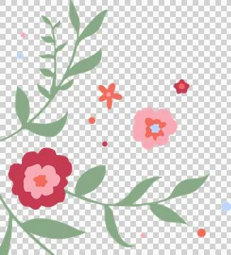 Flat botanical design is featuring leaves, coral-pink blooms, pastel dots, Stock Illustration