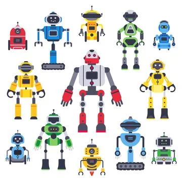 Flat bots and robots. Robotic bot mascot, humanoid robot and cute chatbot a.. Stock Illustration