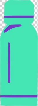 Flat bottle is showing cap, turquoise body and purple stripes on transparent Stock Illustration