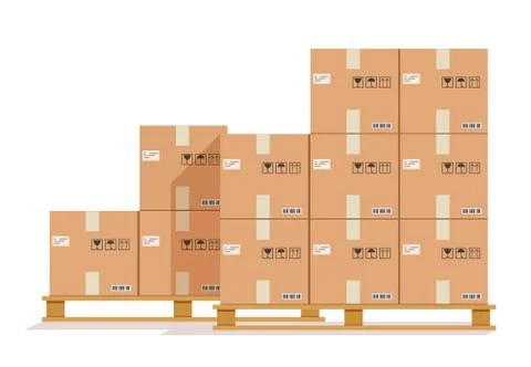 Flat boxes pallet. Cardboard box, cargo wood pallets and parcels. Warehouse Stock Illustration