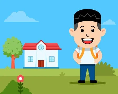 Flat Boy Moslem Student In Front Of School Stock Illustration