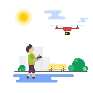 Flat boy playing with flying drone in the park Stock Illustration