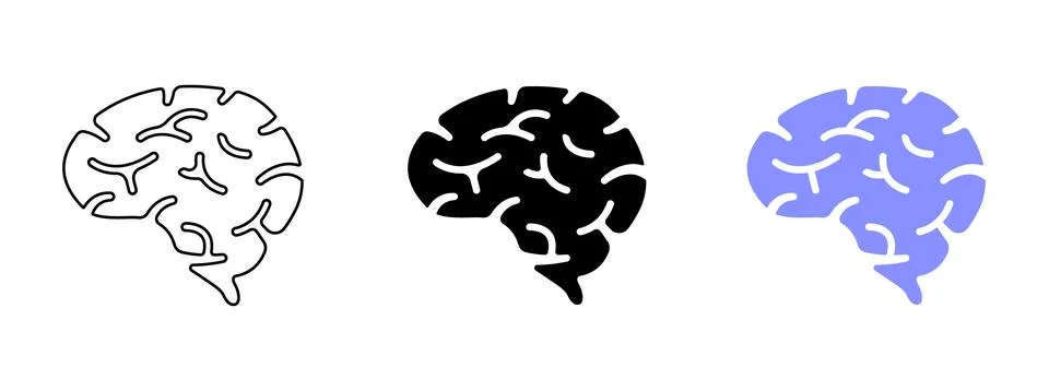 Flat brain icon set. Outline, Solid, and Colored human brain symbol for medical Stock Illustration