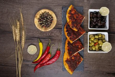 Flat bread  baked with Hot and spicy paprika on top. Stock Photos