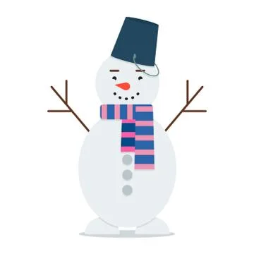 Flat bright vector illustration, cartoon big snowman with bucket and scarf Stock Illustration