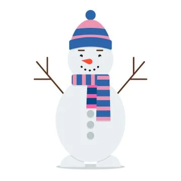 Flat bright vector illustration, cartoon big snowman with hat and scarf isolated Stock Illustration