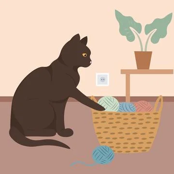 Flat brown cat and basket with yarn 스톡 일러스트