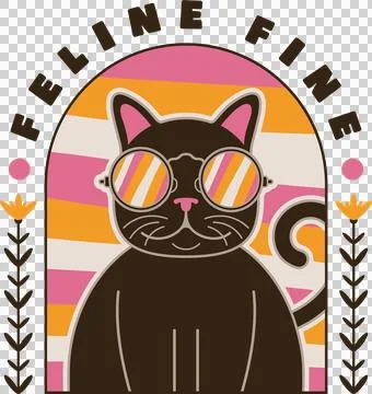 Flat brown cat is wearing round sunglasses in striped arch, floral accents Stock Illustration