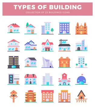 Flat building icon collection in simple. modern vector art style. Stock Illustration