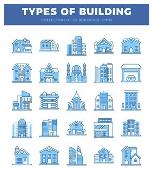 Flat building icons in blue and white. Ilustración de archivo