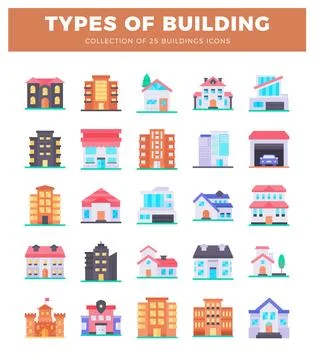 Flat building icons collection with a castle. police station. and modern ar.. Ilustración de archivo